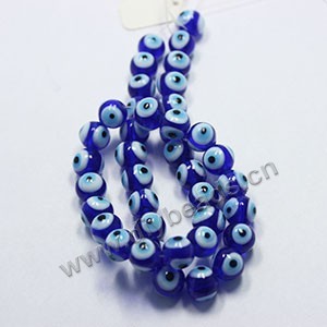 Bead, lampworked glass, cobalt blue, 8mm round with 3 wards off  evil eye design. Sold per pkg of 20.