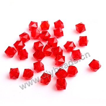 Bead, acrylic, red, transparent, 10mm faceted cube. Sold per 100-gram pkg.