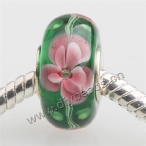 Bead, big-hole beads,Lampworked glass and 925 sterling silver grommet,Green with flower, 14x7mm rondelle with 4.5 mm hole,sold per pkg of 50ps