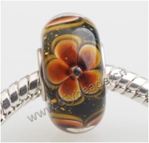 Bead, big-hole beads,Lampworked glass and silver-plated brass grommet, black with flower, 14x7mm rondelle with 4.5 mm hole,sold per pkg of 50ps