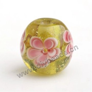 Bead,Japan lampworked glass,yellow with flower, 14x14mm round.mini order 100pc 
