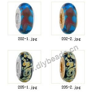 Bead,big-hole beads ,lampworked glass with silver-finished brass grommets,mixed colors and designs,6x12mm-8x14mm rondelle ,4mm spiral hole,sold per pkg of 10ps
