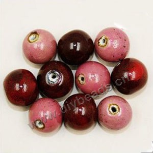 Bead , fancy glaze porcelain,pink/red, 18mm round. Sold per pkg of 30 beads. 