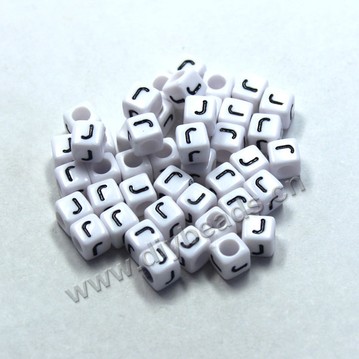 Bead, acrylic,White,alphabet is J, 6x6mm cube with 3.5mm drill hole. Sold per pkg of 100ps