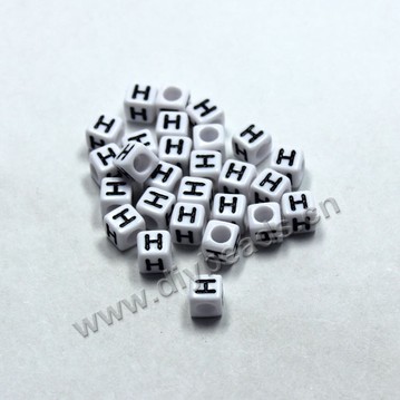 Bead, acrylic,White,alphabet is H, 6x6mm cube with 3.5mm drill hole. Sold per pkg of 100ps