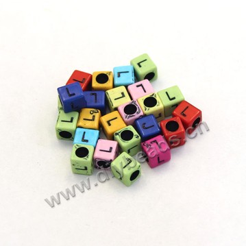 Bead, acrylic,mixed color,alphabet is L, 6x6mm cube with 3mm drill hole. Sold per pkg of 100ps