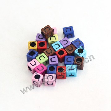 Bead, acrylic,mixed color,alphabet is U, 6x6mm cube with 3mm drill hole. Sold per pkg of 100ps