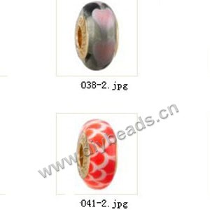 Bead,big-hole beads ,lampworked glass with brass grommets,mixed colors and designs,6x12mm-8x14mm rondelle ,4mm spiral hole,sold per pkg of 10ps