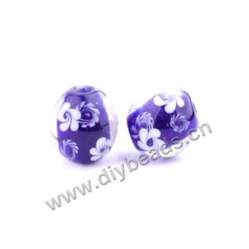 Bead, lampworked glass,purple with flower, 16x16mm round.mini order 50pc 