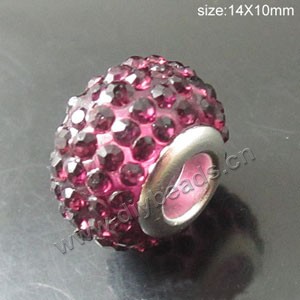 Bead, big-hole beads,pewter ,pink, 14x10mm rondelle with rhinestone, 5mm hole. Sold per pkg of 10ps