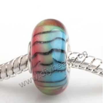 Bead, big-hole beads,Lampworked glass and 925 sterling silver grommet,multicolored,14x7mm rondelle with 4.5 mm hole,sold per pkg of 50ps