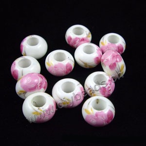 Bead, decal porcelain, white and pink, 15x10mm rondelle with flower,5-6mm hole. Sold per pkg of 12.