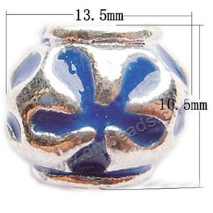 Bead, big-hole beads,silver-plated pewter and enameled , blue, 10.5x13.5mm drum with flower, 5mm hole. Sold per pkg of 10ps