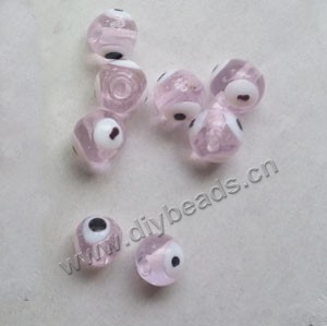 Bead, lampworked glass, pink, 8mm round with 3 wards off  evil eye design. Sold per pkg of 20.