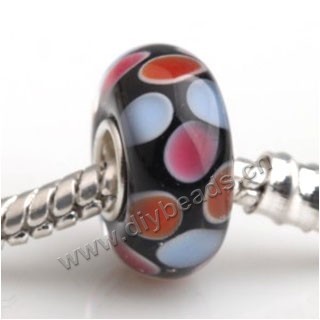 Bead, big-hole beads,Lampworked glass and 925 sterling silver grommet,black with dot, 14x7mm rondelle with 4.5 mm hole,sold per pkg of 50ps
