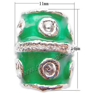 Bead, big-hole beads,silver-plated pewter and enameled , green, 14x11mm fancy cylinder with swirls, 7mm hole. Sold per pkg of 10ps