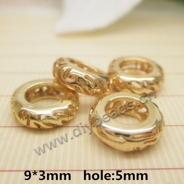 Bead,copper, 24k gold plated, 9*3mm hole 5mm flat round,Sold per pkg of 20 pieces.