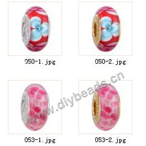 Bead,big-hole beads ,lampworked glass with silver-finished brass grommets,mixed colors and designs,6x12mm-8x14mm rondelle ,4mm spiral hole,sold per pkg of 10ps