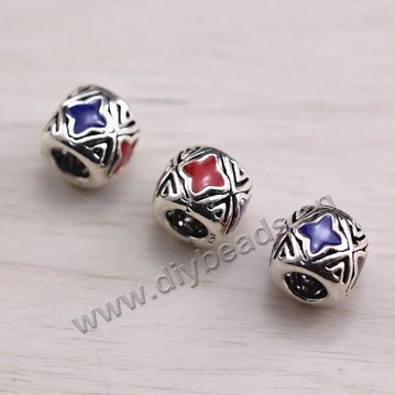 Enamel Bead, 925 Thai silver, drum shape, 7*9mm, 4mm hole, multicolored, Sold per pkg of 1 bag-3 pieces.