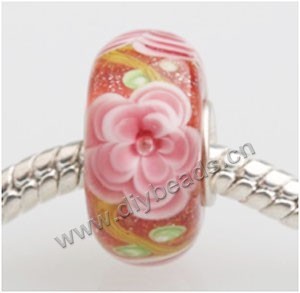 Bead, big-hole beads,Lampworked glass and silver-plated brass grommet,  Pink with flower, 14x7mm rondelle with 4.5 mm hole,sold per pkg of 50ps