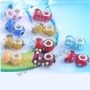 Bead,big-hole beads ,lampworked glass with silver-finished brass ,multicolored,10x14mm rondelle with 5mm hole,sold per pkg of 20ps