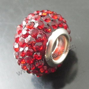 Bead, big-hole beads,pewter ,red, 14x10mm rondelle with rhinestone, 5mm hole. Sold per pkg of 10ps