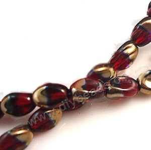 Bead ,copper-plated glass, red, 13x10mm twisted oval. Sold per pkg of ten 30cm strand.