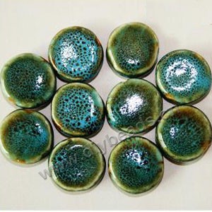 Bead, fancy glaze porcelain, honey and dark aqua, 20mm flat round. Sold per pkg of 30 beads