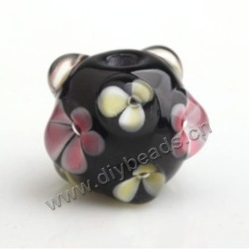 Bead,Japan lampworked glass,black with bumpy flower, 14x14mm round.mini order 100pc 