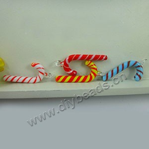 Charm, lampworked glass , blue/red,red/yellow and red/white ,4 colors to option, 28x15mm candy cane. Sold per pkg of 200.