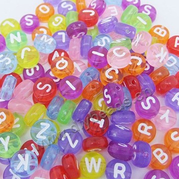 Bead mix, acrylic, mixed color with withe alphabet , 7x4mm double-sided flat round . Sold per bag of 500 grams