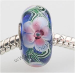 Bead, big-hole beads,	Lampworked glass and silver-plated brass grommet,blue with flower, 14x7mm rondelle with 4.5 mm hole,sold per pkg of 50ps