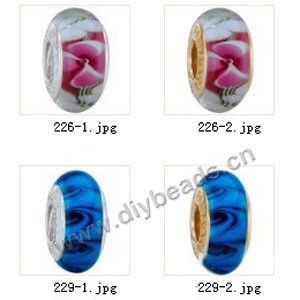 Bead,big-hole beads ,lampworked glass with silver-finished brass grommets,mixed colors and designs,6x12mm-8x14mm rondelle ,4mm spiral hole,sold per pkg of 10ps
