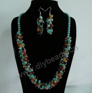 Necklace and earring , gemstone (natural/imitation) , multicolored, 6mm round beads and 4x7mm rondelle,chips, 77cm,factory price.