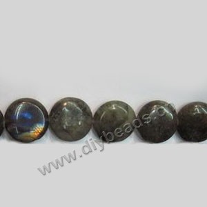 Bead, labradorite (natural), 20mm flat round, Mohs hardness 6 to 6-1/2. Sold per 16-inch strand