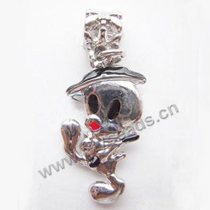 Charm, big-hole beads,silver-plated pewter and enameled ,silver, 14x38mm double-side duck with 5mm hole. Sold per pkg of 10ps