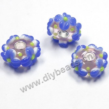 Bead,big-hole beads ,lampworked glass with silver-finished brass,16x10m rondelle,Turquoise,mini order 5pcs
