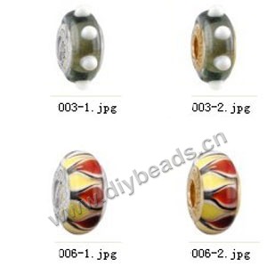Bead,big-hole beads ,lampworked glass with silver-finished brass grommets,mixed colors and designs,6x12mm-8x14mm rondelle ,4mm spiral hole,sold per pkg of 10ps