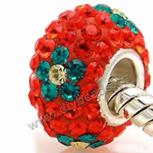 Bead, big-hole beads,rhinestone and 925 silver grommet, red /peacock green 8x14mm rondelle with 5 mm hole,sold per pkg of 10ps