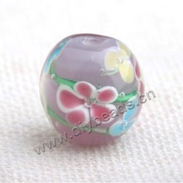 Bead,Japan lampworked glass,purple with flower, 12x12mm round.mini order 100pc 