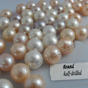 Pearl, cultured freshwater , white/peach/mauve, 11-12mm half-drilled round, AAA grade. Sold per pkg of 1pairs