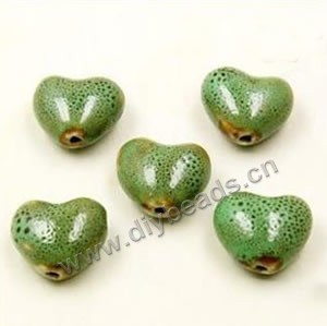 Bead, fancy glaze porcelain, green, 15x15mm heart. Sold per pkg of 30 beads 