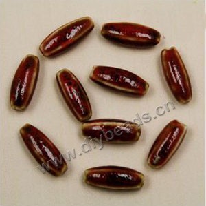 Bead , fancy glaze porcelain,red, 18x7mm long oval. Sold per pkg of 30 beads. 