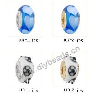 Bead,big-hole beads ,lampworked glass with silver-finished brass grommets,mixed colors and designs,6x12mm-8x14mm rondelle ,4mm spiral hole,sold per pkg of 10ps
