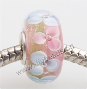 Bead, big-hole beads,Lampworked glass and 925 sterling silver grommet,pink with flower, 14x7mm rondelle with 4.5 mm hole,sold per pkg of 50ps