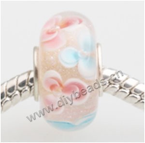 Bead,big-hole beads ,lampworked glass with silver-finished brass ,turquoise blue/white/red,10x14mm rondelle with smile face and 5mm hole,sold per pkg of 10ps