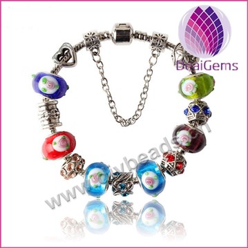 Bracelet,alloy and lampwork glass,mixed color,large hole beads,Sold per package of 1 piece