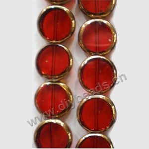 Bead, copper-plated glass, red, 15mm flat round. Sold per pkg of ten 16-inch strand.