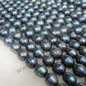 Pearl, cultured freshwater (dyed),black, 7-8mm rice. Sold per 16-inch(40cm) strand