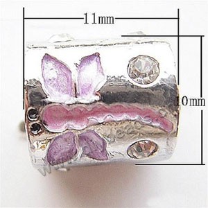 Bead, big-hole beads,silver-plated pewter and enameled , pink, 11x10mm round tube with dragonfly and rhinestone, 6mm hole. Sold per pkg of 10ps